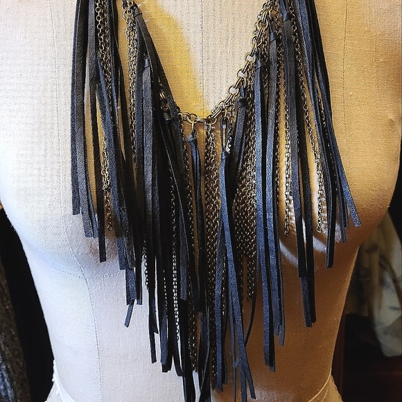 Jewelry - Black & Gold Faux Leather & Chain Fringe Necklace